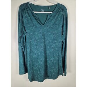 Toad&Co Womens Medium Green Geometric Print Roll Tab Long Sleeve Split Neck Top